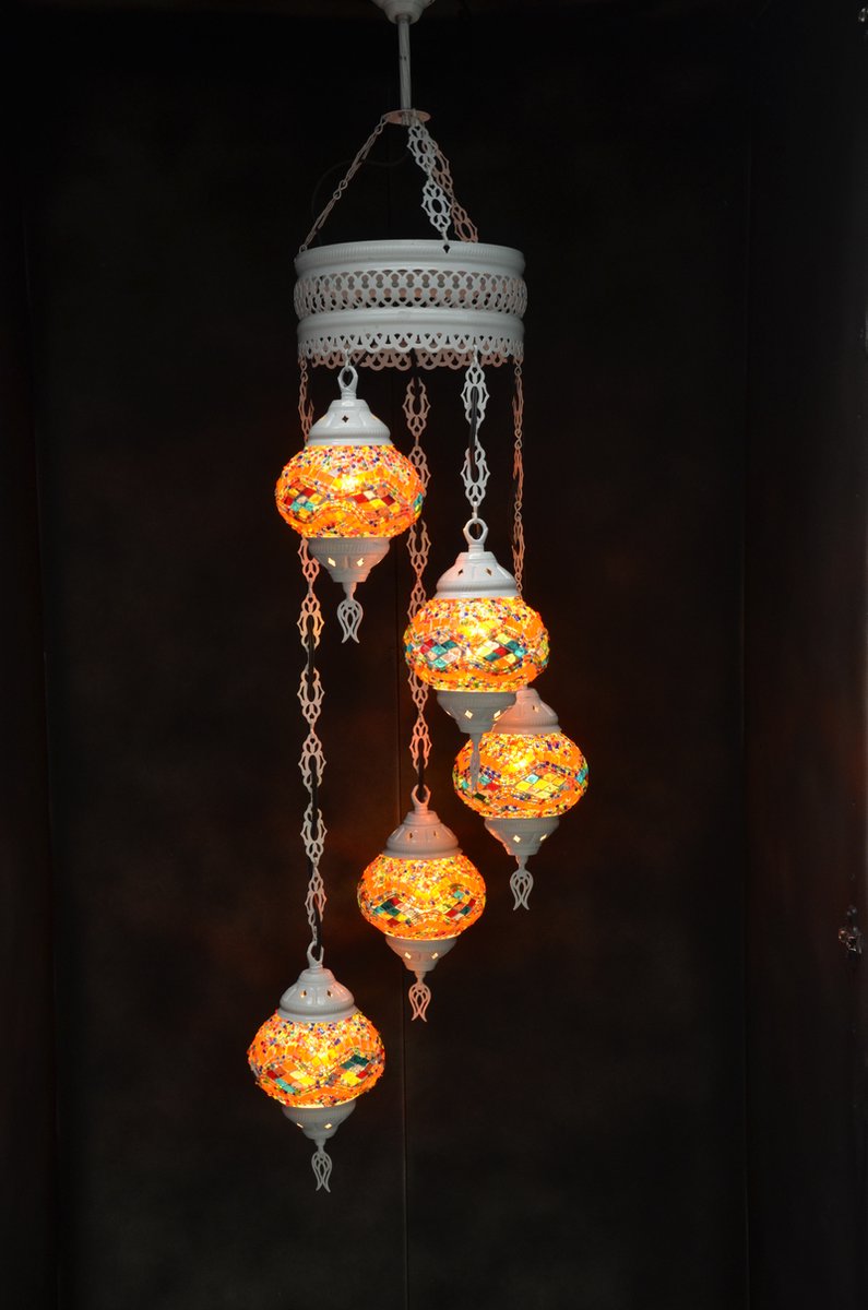 Hanglamp multicolour glas mozaïek 5 bollen Turkse Oosterse Crèmewit Marokkaanse kroonluchter