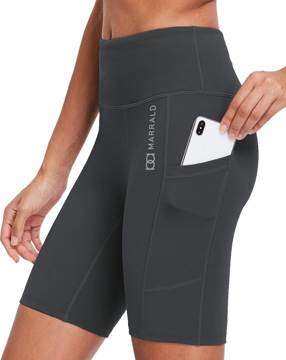 Marrald High Waist Pocket Shorts - Biker Yoga Hardlopen Korte Legging Broek Dames Fitness Sportlegging - Grijs XL