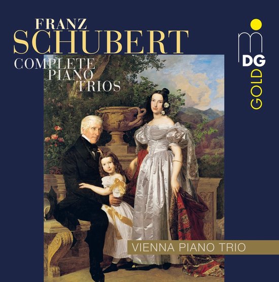 Albumhoes met een schilderij van Franz Schubert, 'Complete Piano Trios', met een gezin in klederdracht in een tuin, 'Vienna Piano Trio'.