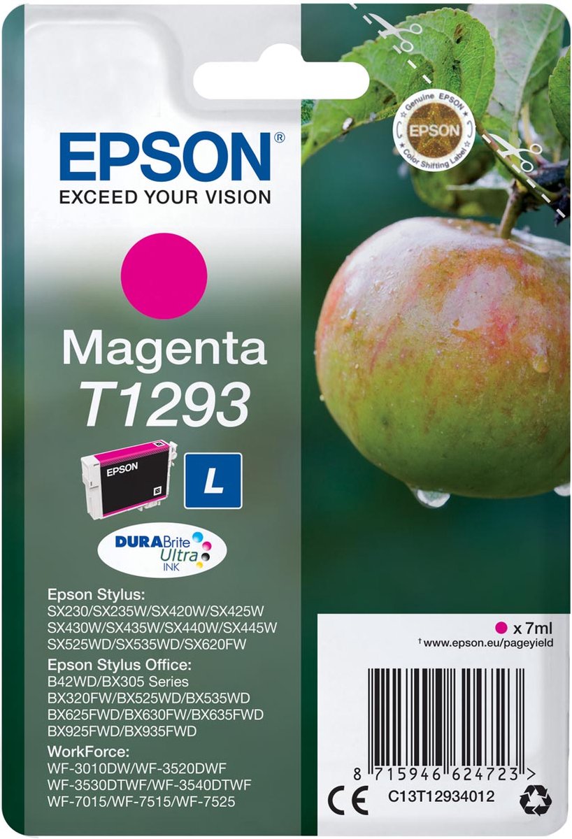 Epson inktcartridge T1293, 330 pagina's, OEM C13T12934012, magenta 10 stuks