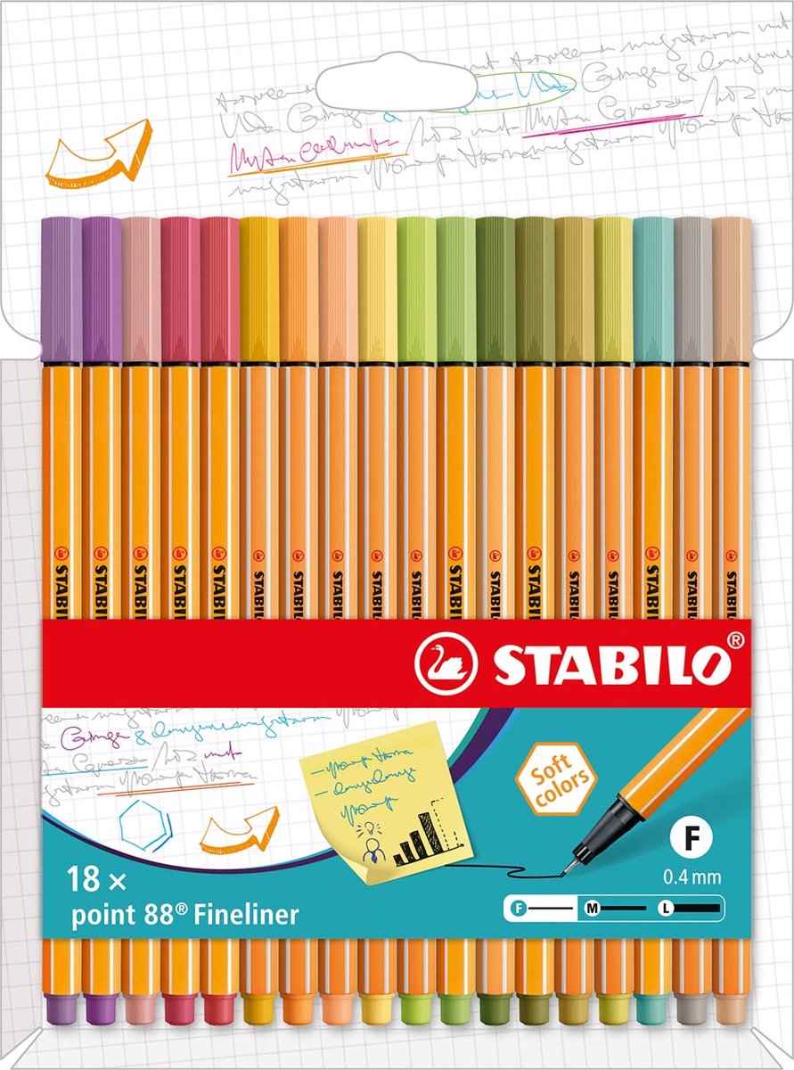 STABILO point 88 fineliner, kartonnen etui van 18 stuks in geassorteerde zachte kleuren 10 stuks