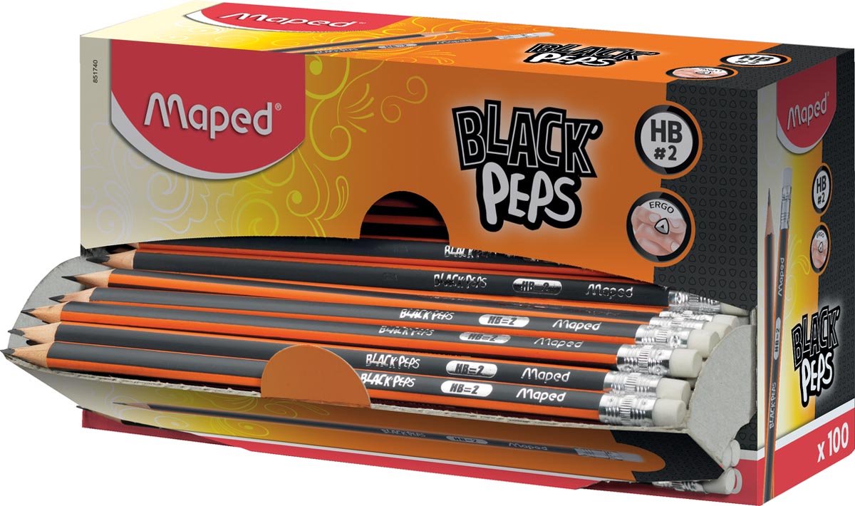 Maped potlood Black'Peps HB, met gum, kartonnen displaydoos van 100 stuks