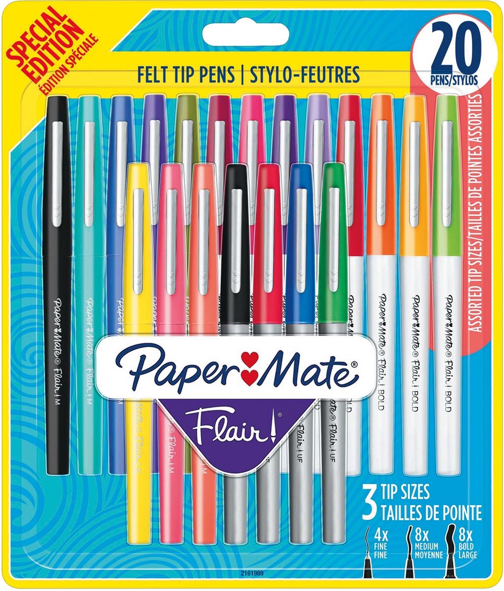 Paper Mate Flair-viltstiften | diverse brede punten (1,2 mm), medium (0,7 mm) en ultrafijn (0,4 mm) | diverse speciale editiekleuren | 20 stuks