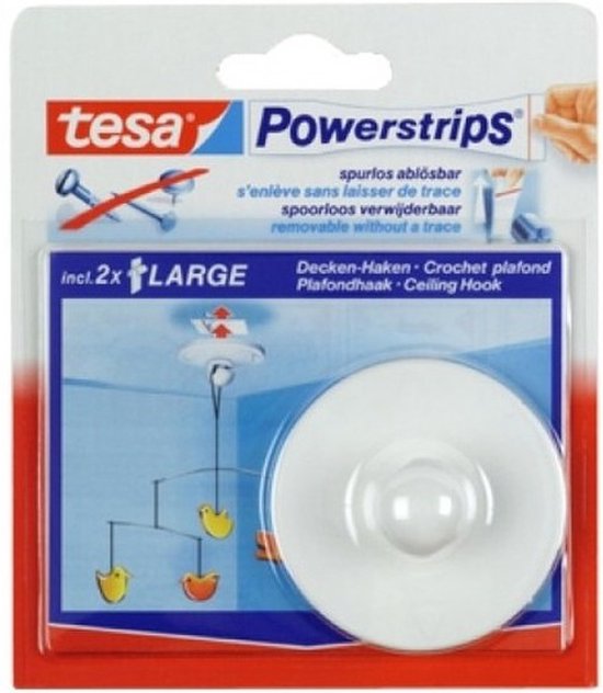 Verpakking van Tesa Powerstrips plafondhaak, met afbeeldingen van het product en toepassingen.