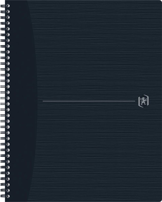 Carnet noir A4+ à spirale, ligné horizontalement avec un logo gris.