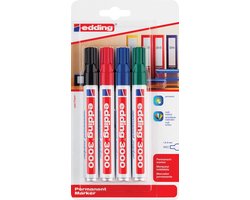 edding 3000 permanent marker - zwart, rood, blauw, groen - 4 stiften - ronde punt 1,5-3mm - water en wrijfvast - voor karton, kunststof, hout, metaal, etc. - alcohol markers voor volwassenen