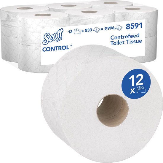 Scott Control centrefeed toiletpapier, wit, 2-laags, 12 rollen. Een rol is zichtbaar, met "12 x 833" en "8591" erop.