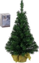 Volle kunst kerstboom 75 cm in jute zak inclusief 50 helder witte lampjes - Mini kerstbomen met verlichting