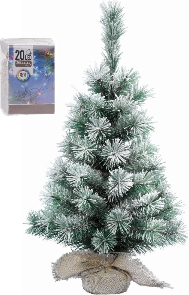 Kunst kerstboom met sneeuw 35 cm in jute zak inclusief 20 gekleurde lampjes