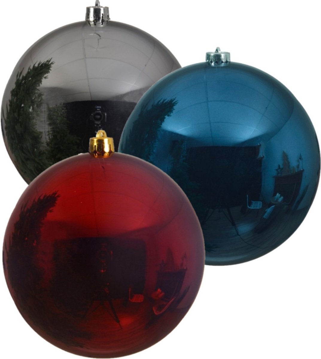 Kerstversieringen set van 6x grote kunststof kerstballen blauw-zilver-rood 14 cm glans - 2x per kleur