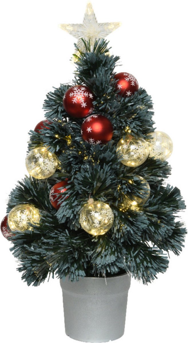 Fiber optic kerstboom/kunst kerstboom met verlichting en kerstballen 60 cm - Fibre kerstbomen met lampjes/lichtjes