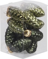 12x Dennenappel kersthangers/kerstballen donker olijfgroen (pine) van glas - 6 cm - mat/glans - Kerstboomversiering