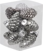 12x Dennenappel kersthangers/kerstballen titanium grijs van glas - 6 cm - mat/glans - Kerstboomversiering