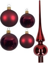 Compleet glazen kerstballen pakket donkerrood glans/mat 38x stuks - 18x 4 cm en 20x 6 cm - Inclusief piek glans