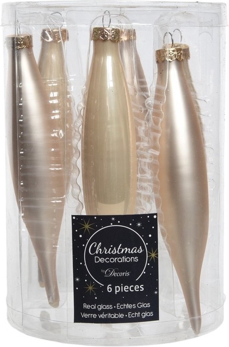 Decoris 6x Licht parel/champagne glazen pegels kerstballen 15 cm - Glans/mat - Kerstboomversiering ijspegels licht parel/champagne