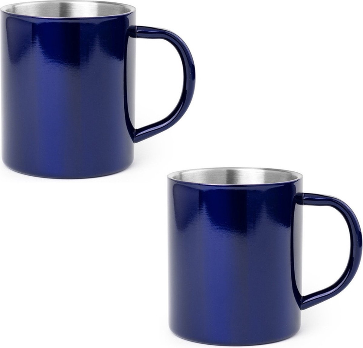 Luxe drinkbeker/koffiemok - 2x - metallic blauw - 280 ml - RVS - glitter and glamour
