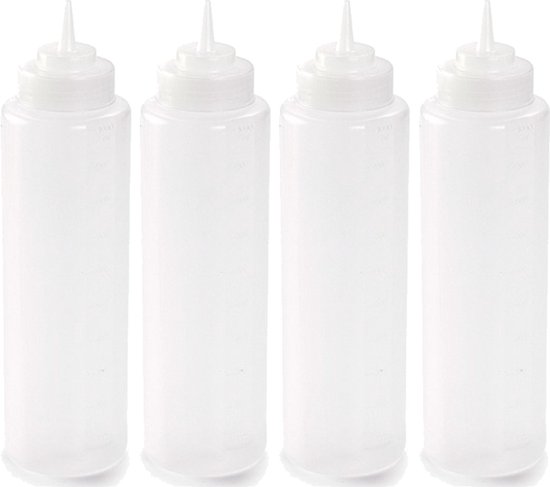 Plasticforte Doseerfles/sausfles - 4x stuks - kunststof - transparant - met schenktuit - 1000 ml - 22 cm