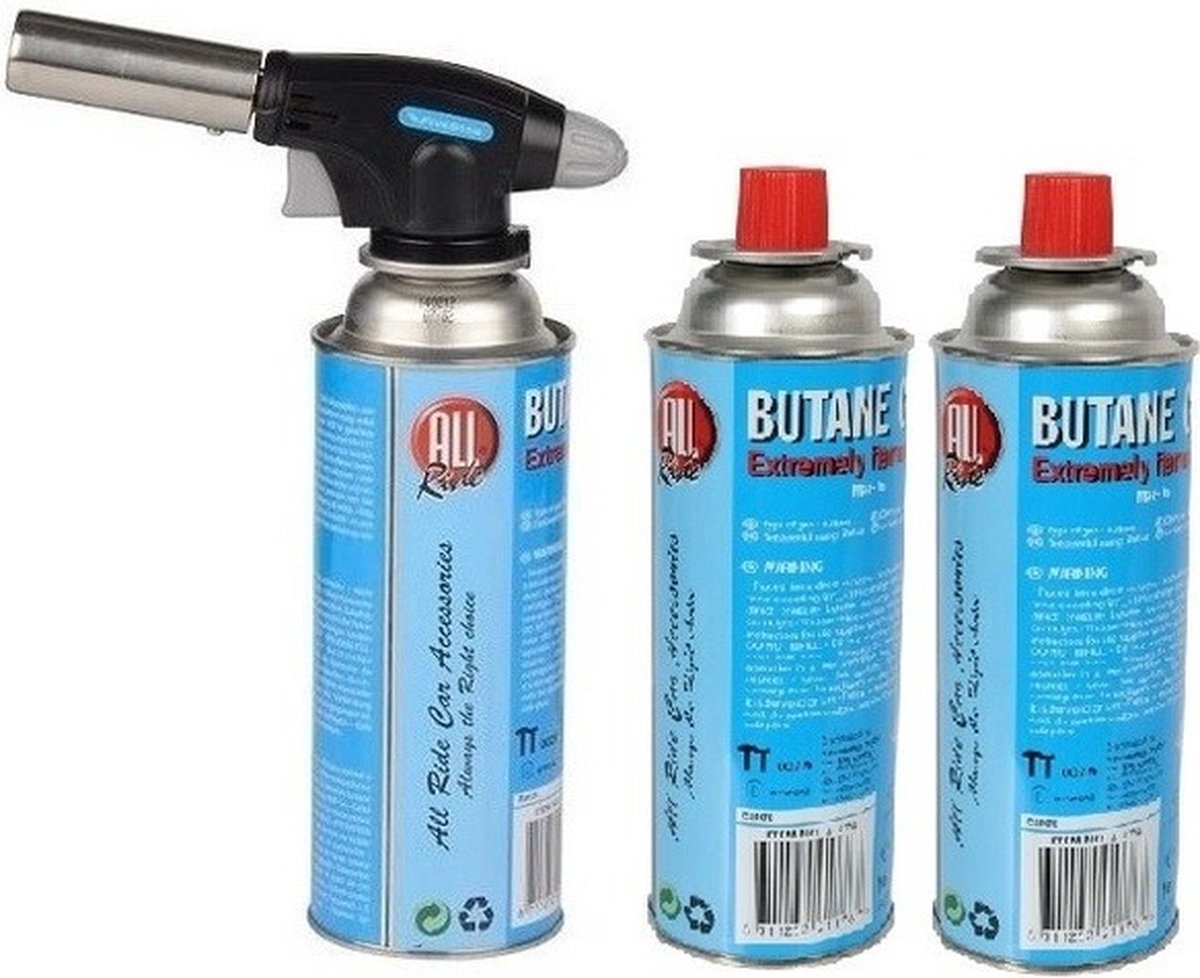 Goedkoopste Gasbrander met 3x butaangas fles - creme brulee brander / bbq aansteker