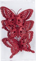 12x stuks decoratie vlinders op clip glitter rood 14 cm - Bruiloftversiering/kerstversiering decoratievlinders
