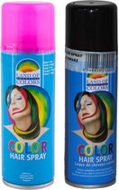 Set van 2x kleuren haarverf/haarspray van 111 ml - Zwart en Fluor Roze - Carnaval verkleed spullen