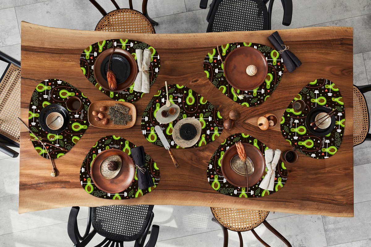 Placemat organisch - Placemats organic - Onderleggers - Avocado - Fitness - Patronen - 8 stuks