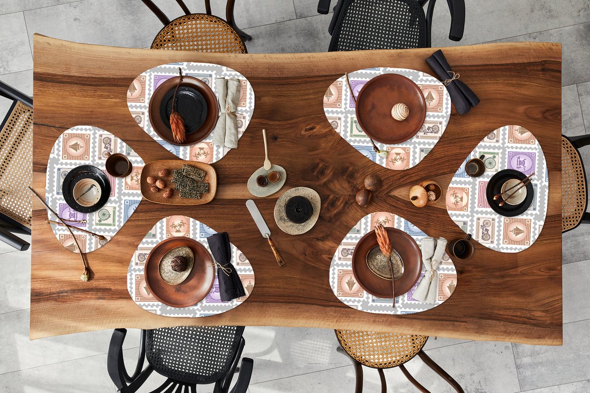 Placemat organisch - Placemats organic - Onderleggers - Fiets - Postzegel - Patroon - 6 stuks