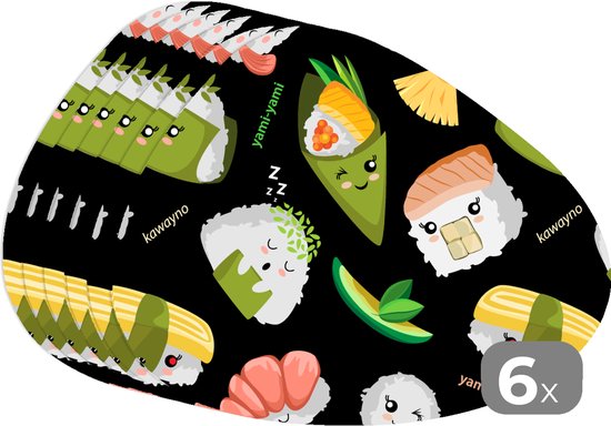 Placemat organisch - Placemats organic - Onderleggers - Kawaii - Sushi - Patronen - 6 stuks