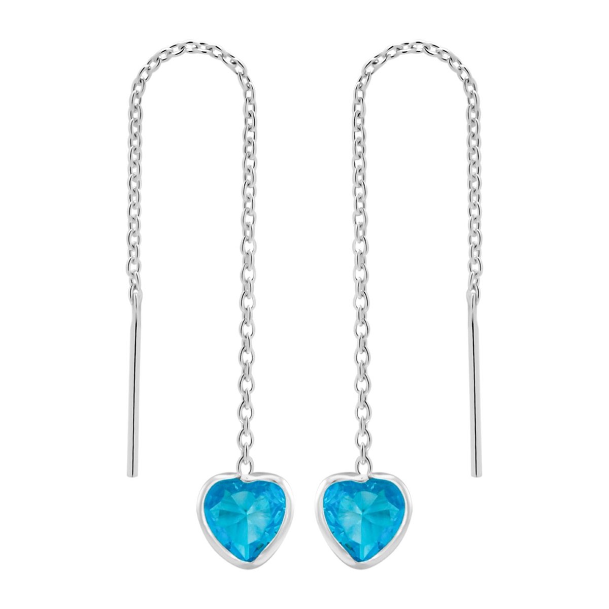 Zilveren chain oorbellen - blauw hart - 925 zilver - nikkelvrij