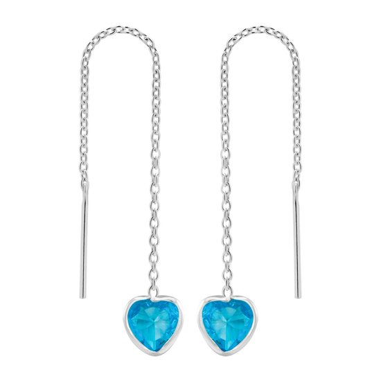 Zilveren oorbellen | Chain oorbellen | Zilveren chain oorbellen, blauw hart