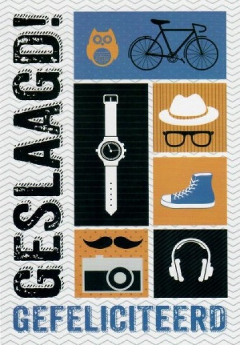 Jij bent geslaagd! Van harte gefeliciteerd! Een leuke kaart met een fiets, hoed, horloge, koptelefoon en een schoen. Een leuke kaart om zo te geven of om bij een cadeau te voegen. Een dubbele wenskaart inclusief envelop en in folie verpakt.