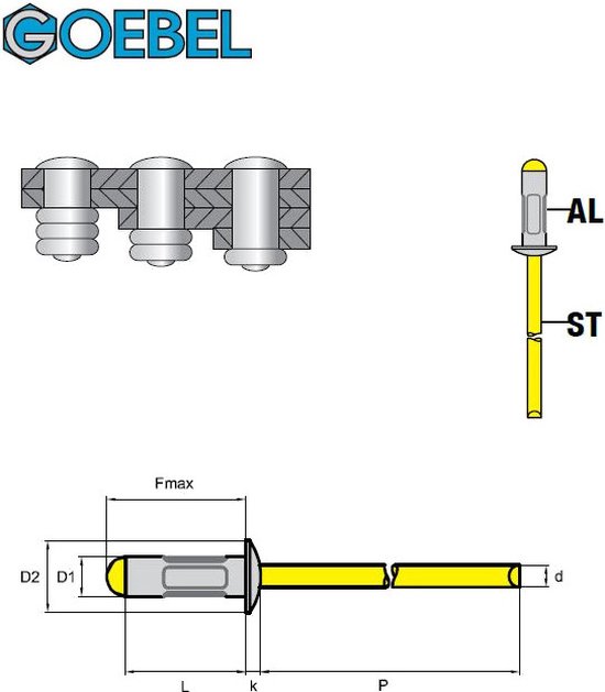 GOEBEL® - 1000 x Rivets aveugles Multi-Grip 3.2 x 14 mm - Aluminium AlMG 2.5 / Acier galvanisé - Tête plate - MULTI - 7770132140 - Rivet aveugle