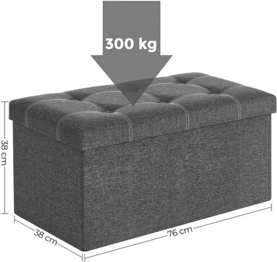 Grijze opbergkist met capitonnage, 76x38x38 cm, met een pijl en "300 kg".