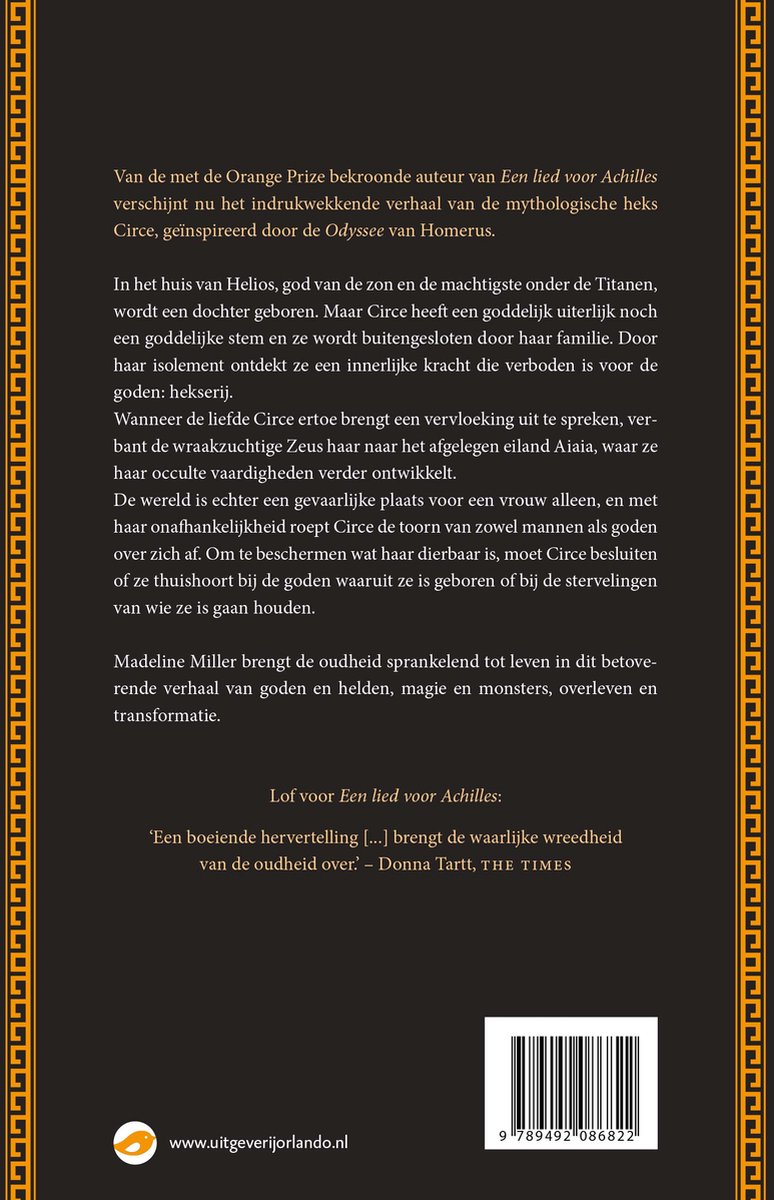 Dos du livre 'Circe' avec du texte et un numéro ISBN.
