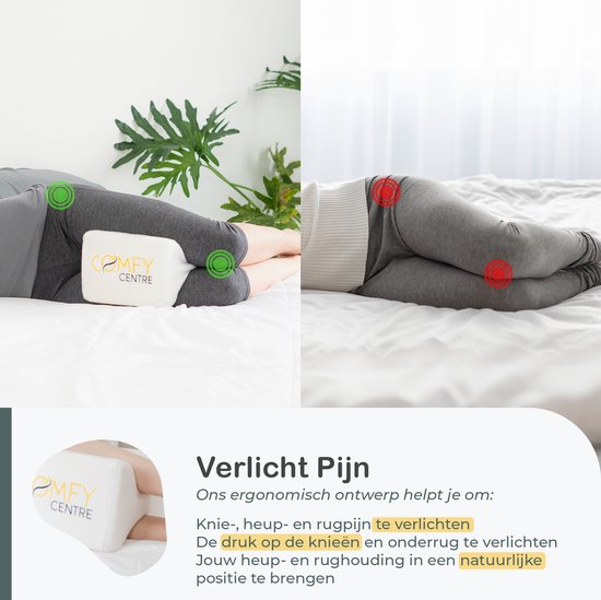 Twee röntgenweergaven van een slaaphouding met een kniekussen tussen de benen. Groene en rode cirkels markeren drukpunten.