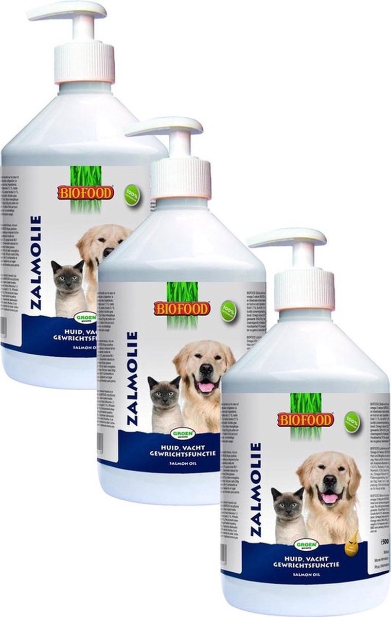 3x Biofood Zalmolie + Doseerpomp - Voedingssupplement voor kat en hond - 250ml