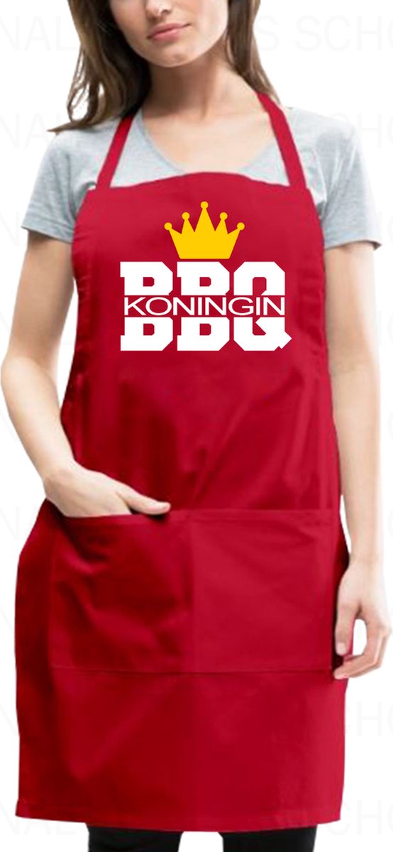 BARBEQUE KONINGIN schort - Rood met wit - Verstelbaar - Wasbaar - One Size (volwassenen) - Cadeau - Grappige teksten | designs - Original Kwoots - Grill master - BBQ - Apron