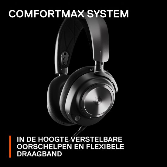 Zwarte gaming headset met verstelbare oorschelpen en comfortabele hoofdband.