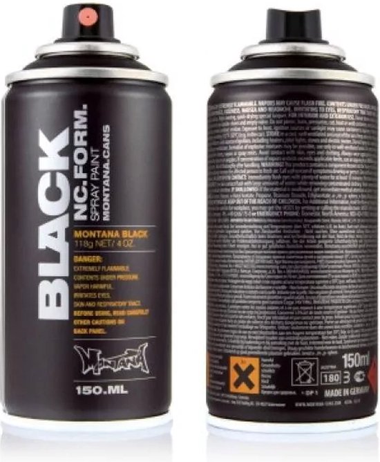Bombolle de peinture noire MONTANA BLACK, 150 ml, avec le texte "BLACK" sur le devant.