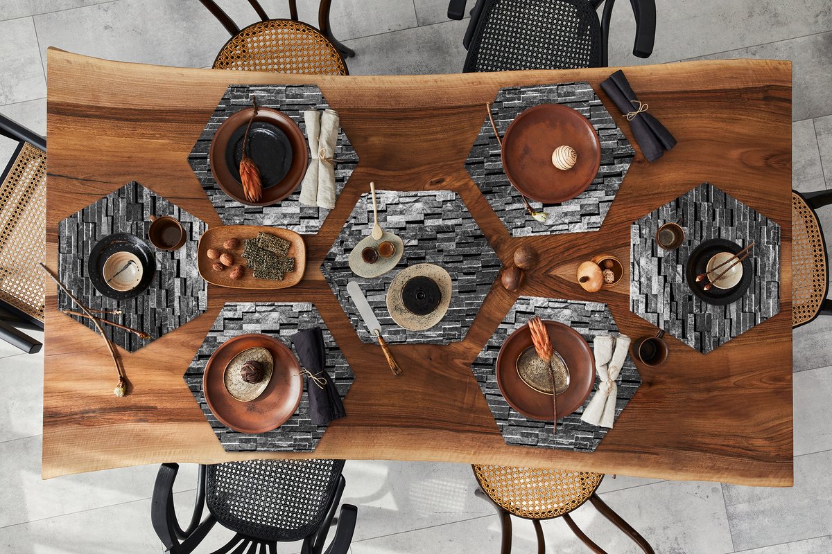 Placemats hexagon - Onderleggers placemats - Placemat zeshoek - Steen - Antiek - Grijs - 10 stuks