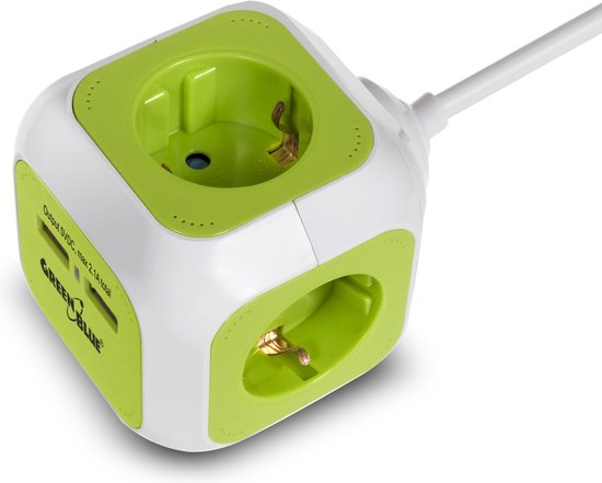 GreenBlue - Stekkerdoos Magic Cube | 4x stopcontacten 2x USB-aansluiting - Zonder penaarde - Groen