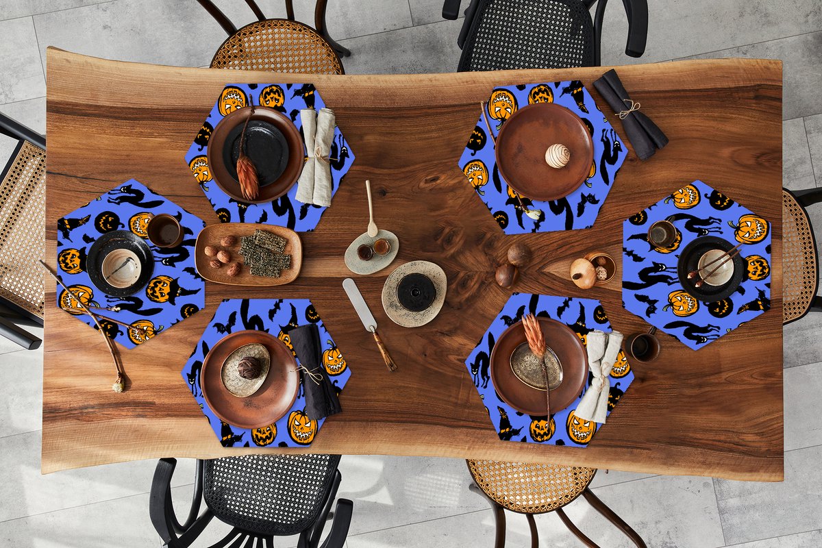 Placemats hexagon - Onderleggers placemats - Placemat zeshoek - Halloween - Kat - Heks - 6 stuks