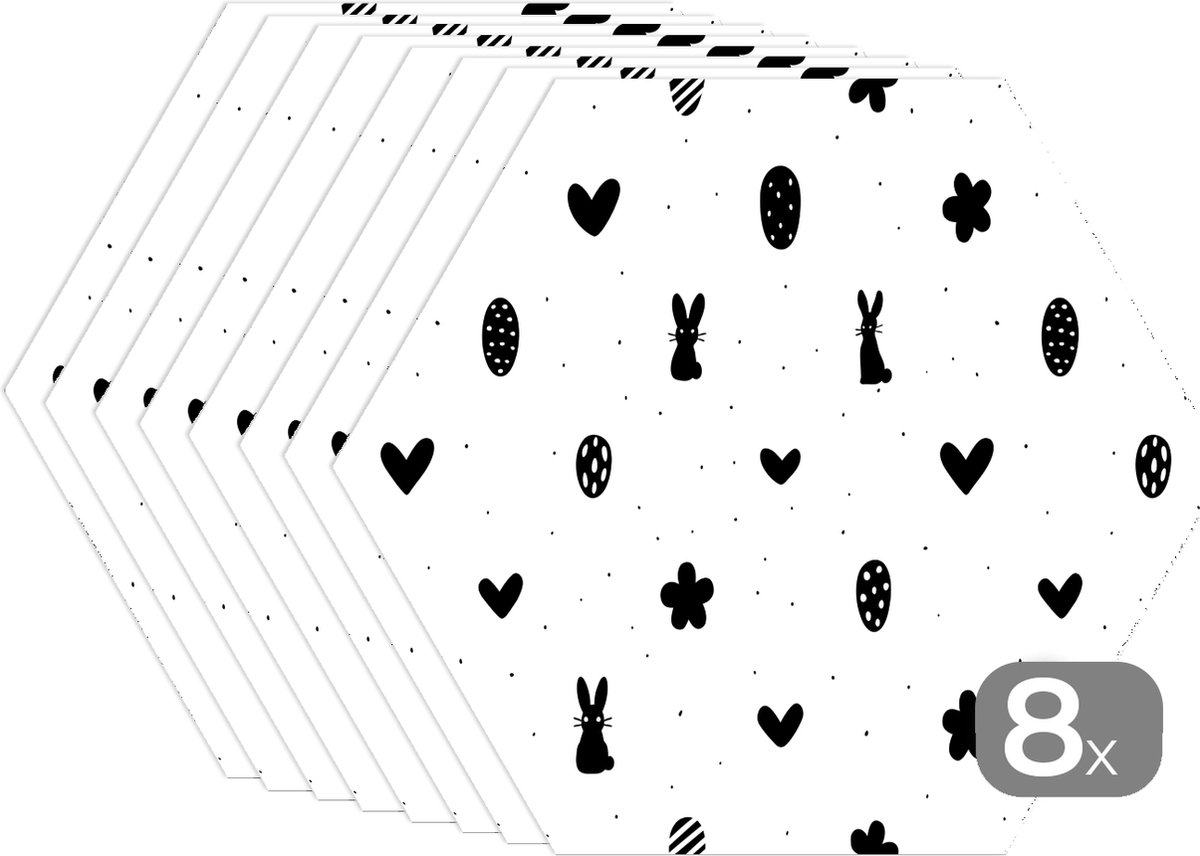 Placemats hexagon - Onderleggers placemats - Placemat zeshoek - Pasen - Patroon - Zwart - Wit - 8 stuks