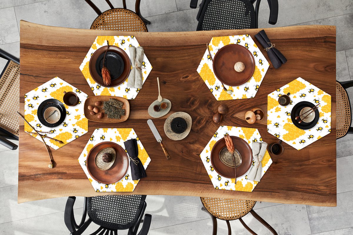Placemats hexagon - Onderleggers placemats - Placemat zeshoek - Bij - Valentijn - Honing - 6 stuks