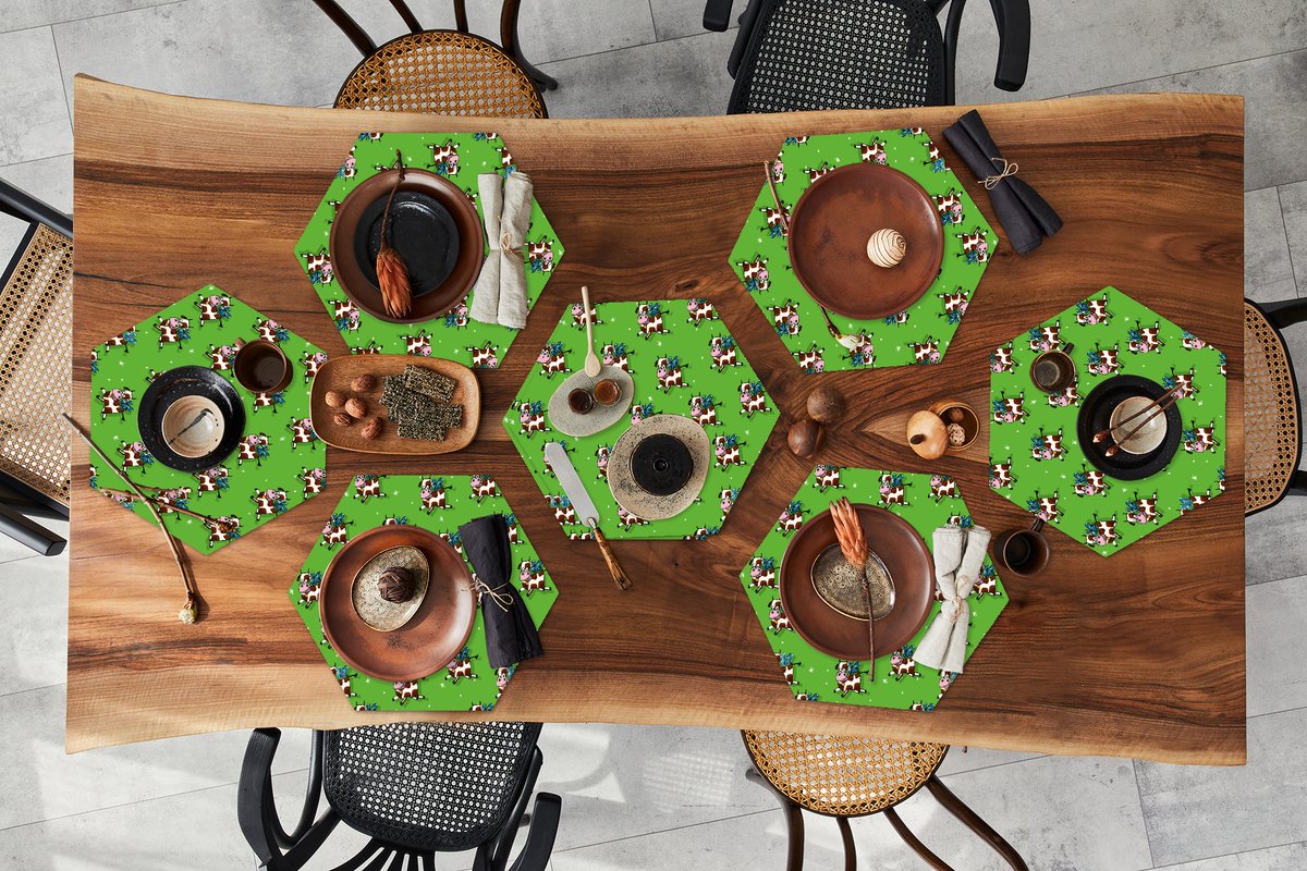 Placemats hexagon - Onderleggers placemats - Placemat zeshoek - Koe - Vleugels - Patronen - Kind - 8 stuks
