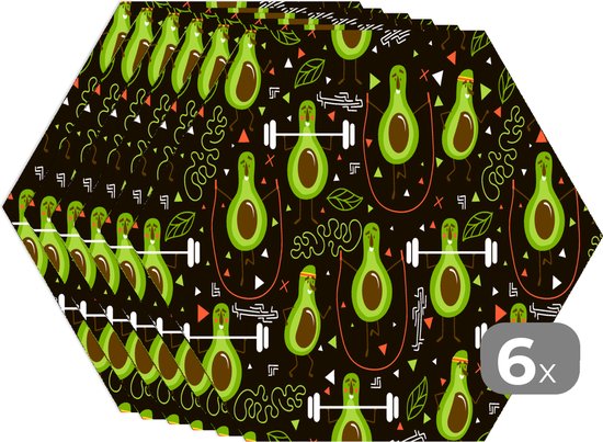 Placemats hexagon - Onderleggers placemats - Placemat zeshoek - Avocado - Fitness - Patronen - 6 stuks
