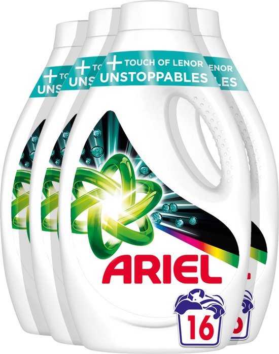 Ariel Vloeibaar Wasmiddel +Touch Van Lenor Unstoppables - Kleur - Voordeelverpakking 4 x 16 Wasbeurten