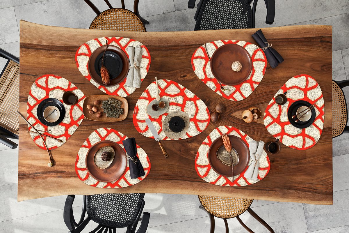 Placemat organisch - Placemats organic - Onderleggers - Koraal - Rood - Wit - Design - 8 stuks