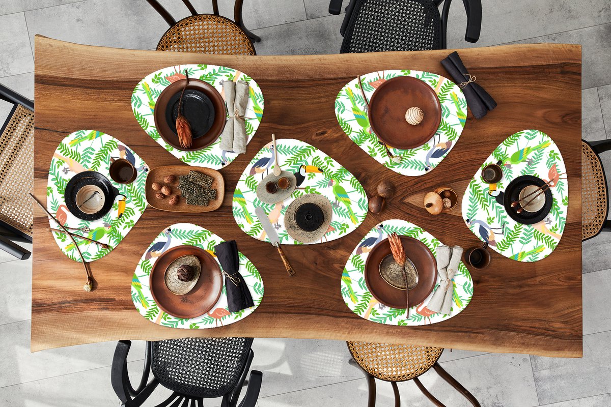 Placemat organisch - Placemats organic - Onderleggers - Jungle - Vogel - Patronen - 8 stuks