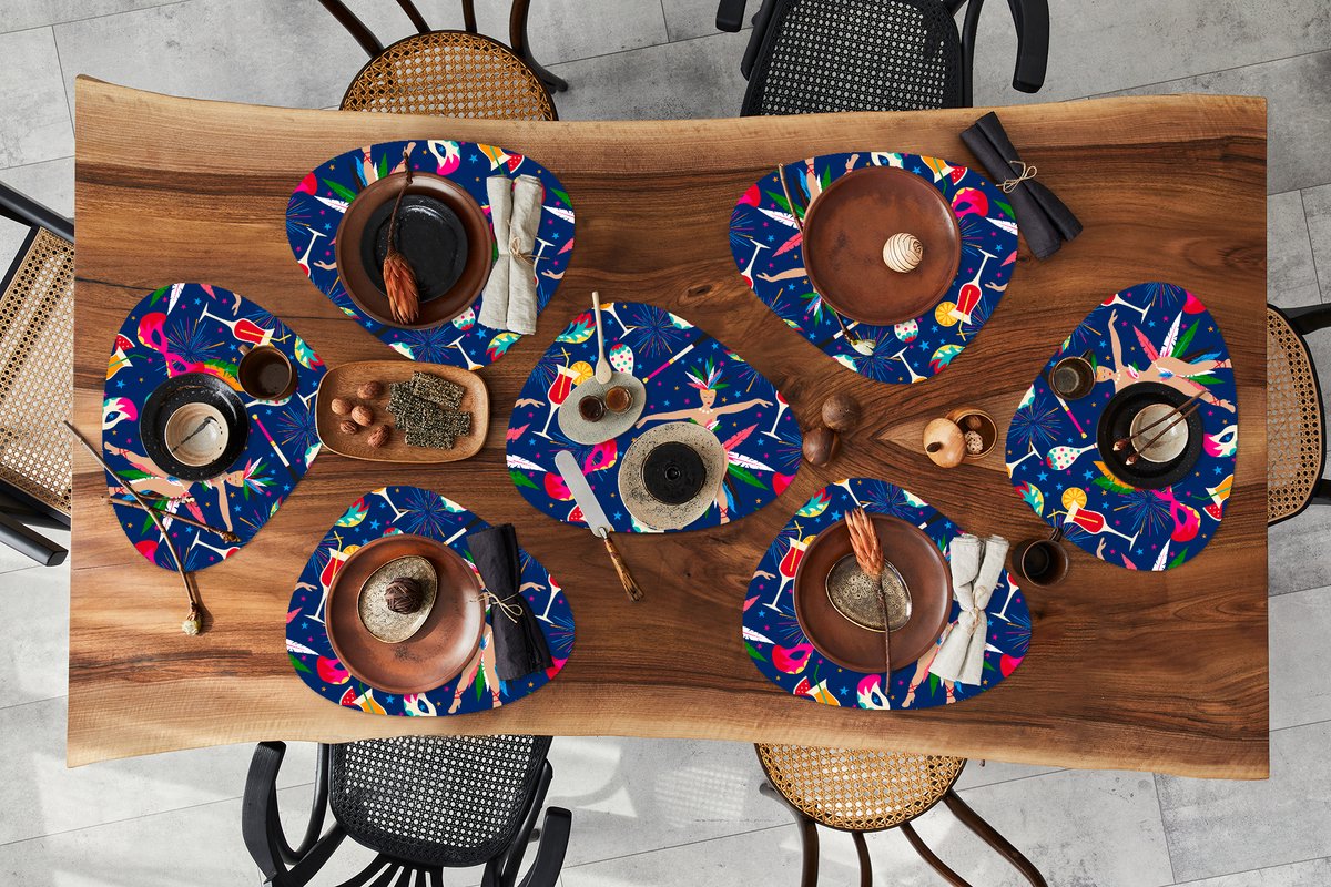 Placemat organisch - Placemats organic - Onderleggers - Carnaval - Brazilië - Patronen - 8 stuks