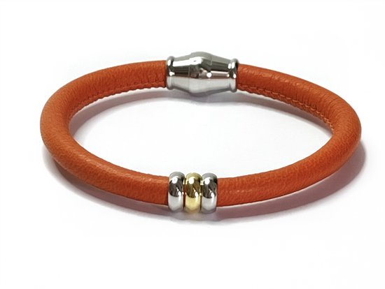 Nouveau ! Jolla - bracelet femme argent - cuir - fermeture magnétique - breloques - bicolore - Single Ladies - Oranje